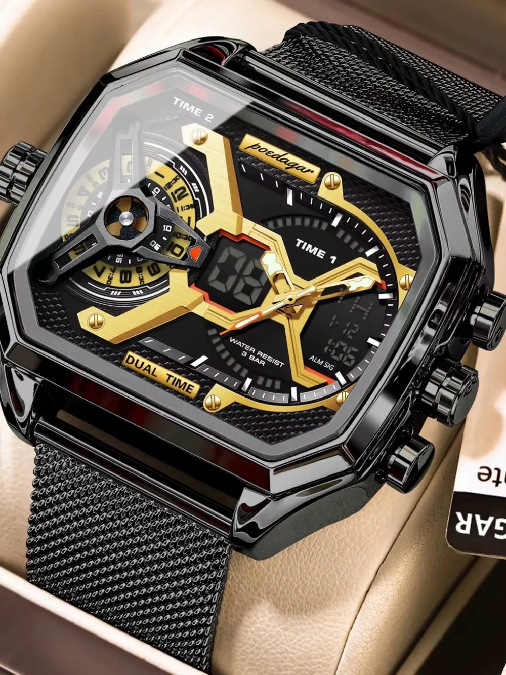 Luxury Dual Time Square Watch – Waterproof & Chronograph Mesh Strap Wristwatch